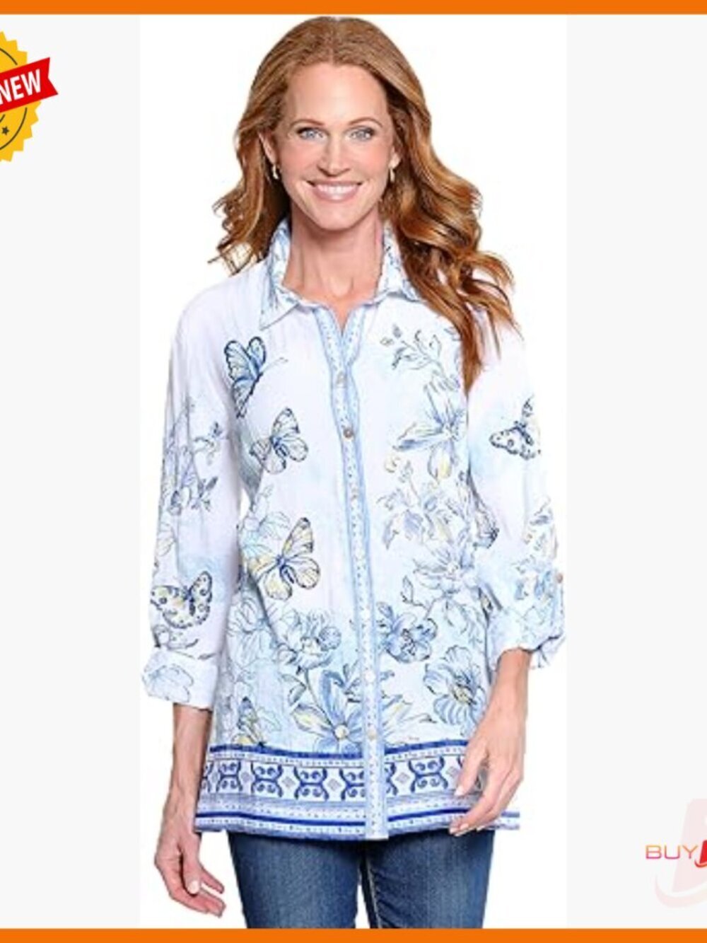 Button Front Blouse with Embroidered Details and Roll Tab Sleeves